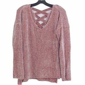 Pink Rose Crew Neck Sweater in Pink with Strappy Back Detail